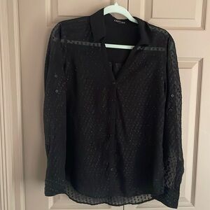 Black Sheer & Textural Polka Dot Detail Button-Down Shirt